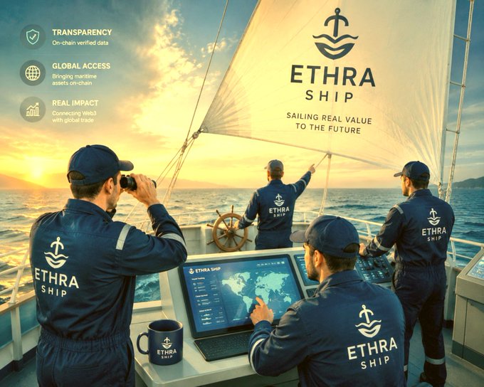 A promotional image for 'ETHRA SHIP' showing a crew in branded jackets navigating a sailboat at sunset, with text highlighting 'TRANSPARENCY', 'GLOBAL ACCESS', and 'REAL IMPACT'.