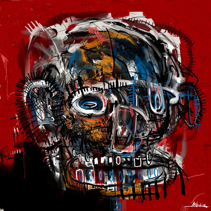 An abstract painting featuring a chaotic, expressive face rendered in black, white, blue, and orange tones against a vibrant red background, signed in the lower right corner.