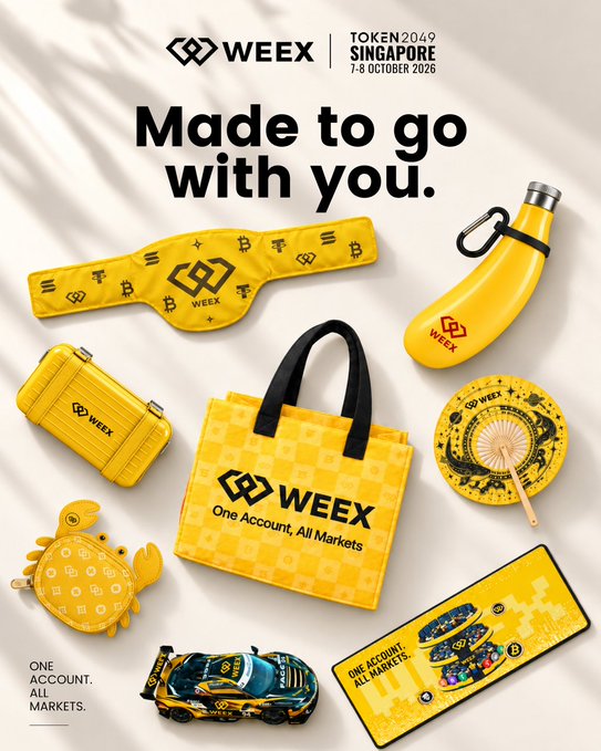 A promotional graphic for 'WEEEX' TOKEN2049 Singapore (7-8 October 2026) titled 'Made to go with you', displaying yellow branded merchandise including a banana-shaped water bottle, eye mask, crab plush, tote bag, folding fan, toy car, and mat.