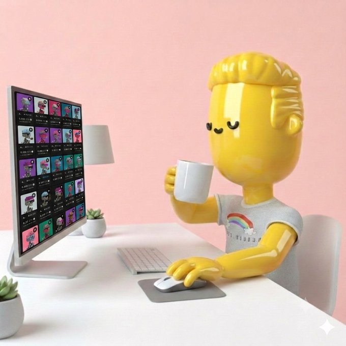 A 3D rendered yellow cartoon figure with closed eyes sits at a desk, sipping coffee while browsing a collection of NFT-like figures on a computer monitor.