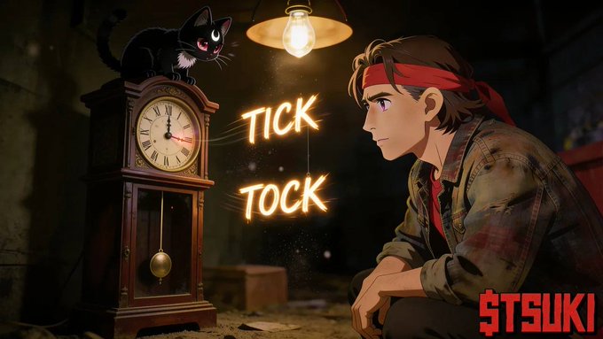 An anime-style illustration shows a young man with a red headband kneeling and staring intensely at an antique grandfather clock topped with a black cat, while glowing "TICK TOCK" text floats between them under a hanging bulb. The "TSUKI" ticker in the corner ties into the post's teasing about $TSUKI, with the black cat visually echoing the "black" reference and the ticking clock symbolizing the "anytime now" anticipation.