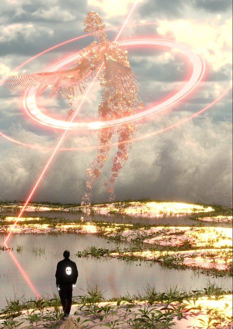 A surreal digital artwork depicting a person standing before a glowing angelic figure made of sparkling particles with pink light rings, set against a cloudy sky above a watery landscape.