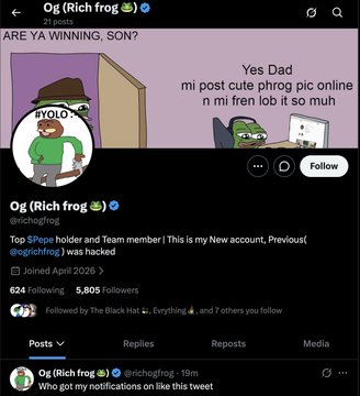 A Twitter/X profile screenshot for 'Og (Rich frog) @richfrog' showing a Pepe-style meme image with the caption 'ARE YA WINNING, SON?' and identifying the user as a $pepe holder.