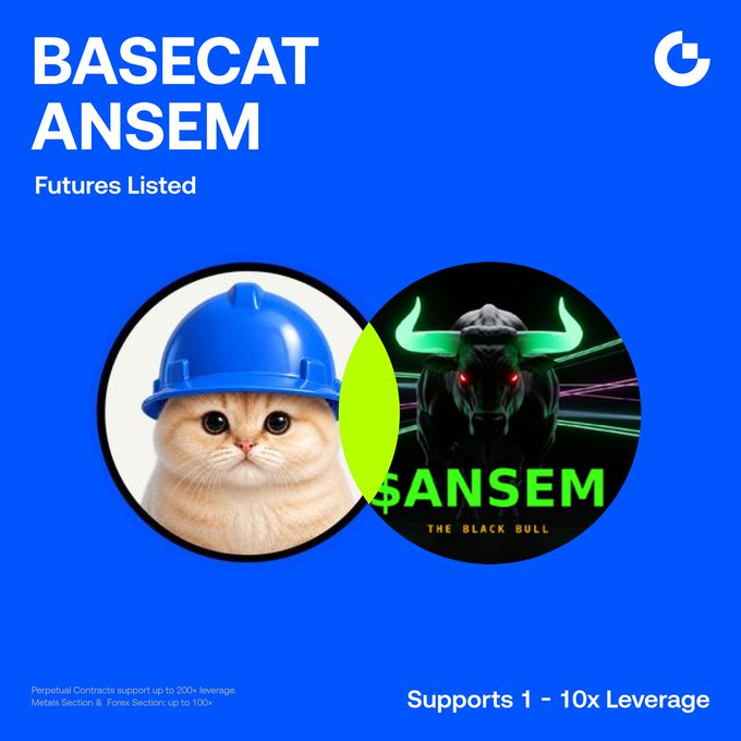A blue promotional graphic for Gate Futures announcing the listing of BASECAT and ANSEM perpetual contracts, featuring a cat in a blue hard hat and a green-horned black bull mascot, with text noting support for 1-10x leverage and that trading pairs are now open against USDT.