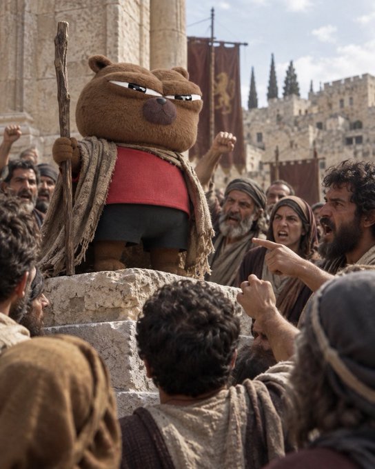 A cartoonish brown bear character wearing a red shirt and holding a staff stands on a stone pedestal addressing an angry crowd in ancient Jerusalem, mirroring a biblical prophet scene. The image humorously depicts $BOBO as a misunderstood truth-teller being shouted down by an enraged mob, playing on the "they hated him because he told the truth" narrative.