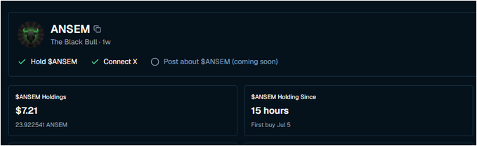 A crypto/DeFi dashboard showing 'ANSEM - The Black Bull - 1w' with $7.21 ANSEM holdings ($7.21 value, 23.922541 ANSEM) held for 15 hours since July 5.