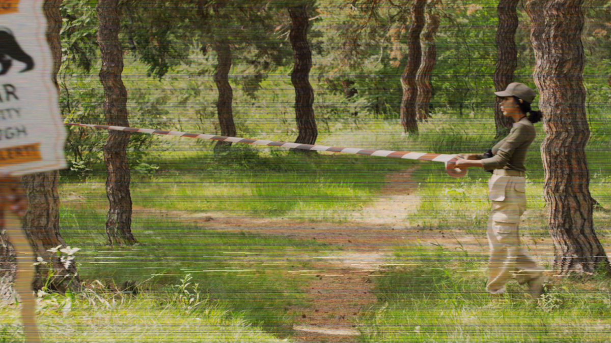 The image shows a woman walking through a forest, holding onto a long pole with a rope attached to it. The pole has a sign that says "We are still alive. Now build it." This message seems to be related to the current situation in the world where people have been encouraged to stay indoors and avoid unnecessary travel due to the COVID-19 pandemic.

The woman is walking on a dirt path, surrounded by trees and grass. The forest setting suggests that she might be exploring nature or participating in an outdoor activity while adhering to safety guidelines during these challenging times.