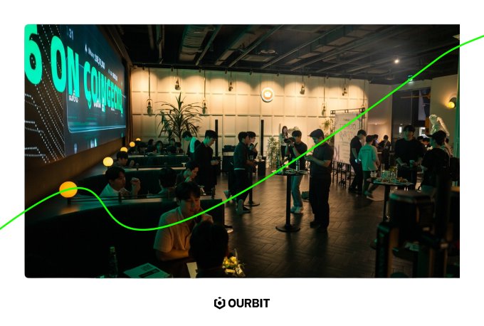 A dimly lit networking venue buzzes with attendees mingling at high-top tables, illuminated by a large screen displaying "ON CONFERENCE" and the "OURBIT" logo at the bottom, perfectly capturing the sequel event hype to TOKEN2049.