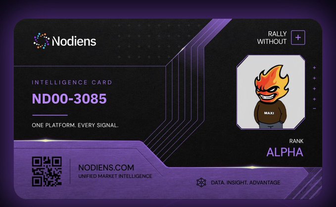A digital intelligence card from 'Nodiens' with the ID 'ND00-3085', tagline 'ONE PLATFORM. EVERY SIGNAL.', displaying a flame-headed character and the rank 'ALPHA'.