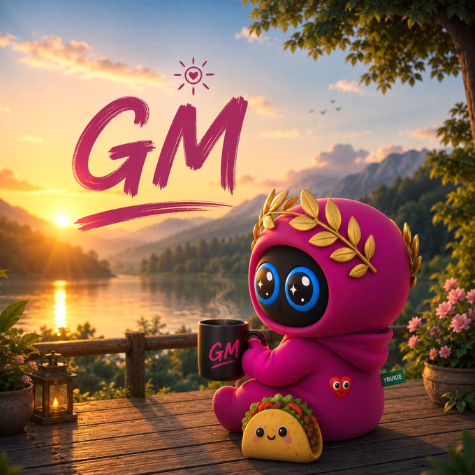 A cute pink NFT-style character wearing a golden laurel wreath holds a 'GM' mug at sunset beside a smiling taco, with 'GM' written in large pink brushstrokes above a scenic lake and mountains.