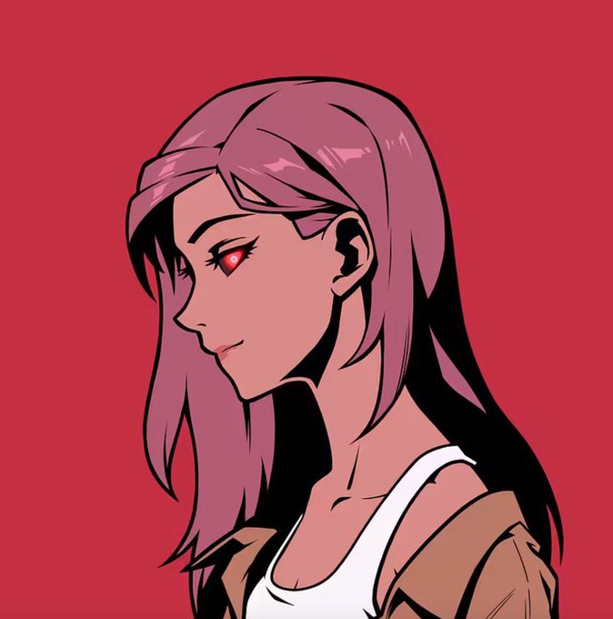 An anime-style digital portrait of a woman with long pinkish-purple hair and striking red eyes, wearing a brown jacket over a white tank top against a solid red background.