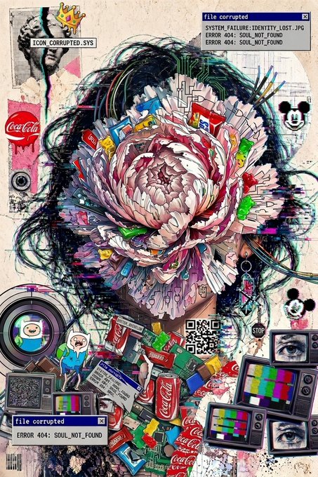 A vibrant mixed-media collage artwork featuring a pink flower head made of crumpled packaging materials, surrounded by Coca-Cola cans, Mickey Mouse imagery, old TV screens, and glitchy computer error messages reading "file corrupted" and "ERROR 404: SOUL_NOT_FOUND".