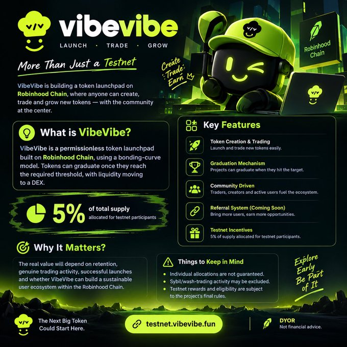 Promotional graphic for VibeVibe, a token launchpad on Robinhood Chain, highlighting features like token creation, trading, a graduation mechanism, and 5% of total supply allocated for testnet participants, with the URL testnet.vibevibe.fun.