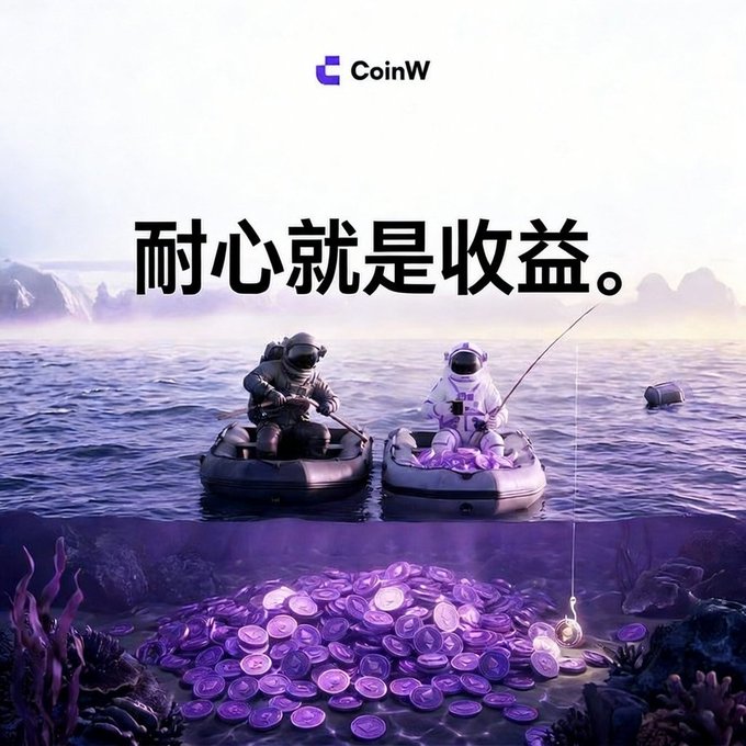 A CoinW cryptocurrency advertisement featuring two astronauts fishing from inflatable boats on water, with the Chinese text '耐心就是收益' (Patience is profit) above a pile of purple coins underwater.