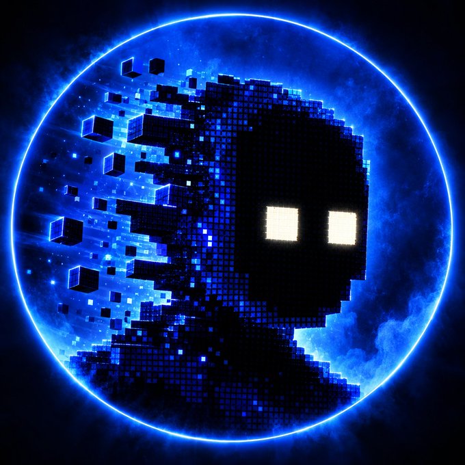 A digital illustration of a hooded, pixelated figure with glowing white eyes set against a blue, cosmic background framed by a circular neon border.