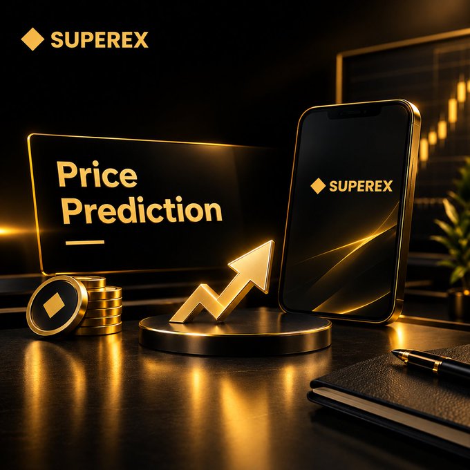 A promotional graphic for 'SUPEREX' featuring a golden 'Price Prediction' display, a smartphone with the SUPEREX logo, an upward trending golden arrow, and stacked gold coins on a dark background.