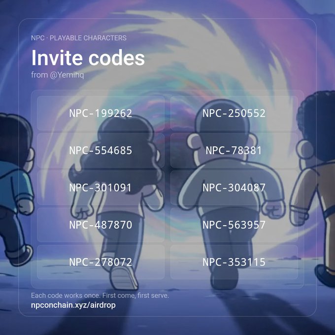 A graphic titled 'Invite codes' from @Yemihq for 'NPC · PLAYABLE CHARACTERS', displaying 10 alphanumeric codes (such as NPC-199262 and NPC-250552) over a colorful cartoon illustration of characters walking toward a portal, with the URL 'npconchain.xyz/airdrop' at the bottom.