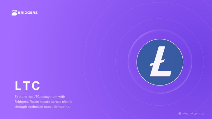 A purple promotional graphic for the 'LTC' cryptocurrency on the Bridgers platform, featuring a circular Litecoin logo with text about routing assets across chains and the website 'dapp.bridgers.xyz'.