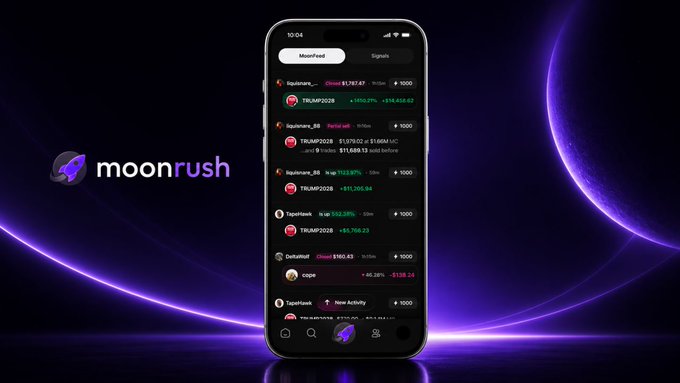 A promotional image for the Moonrush app displays a smartphone showing cryptocurrency trading data, including tokens like TRUMP2028, SQUIDGAME, and Pepe, set against a purple space-themed background with the Moonrush logo.