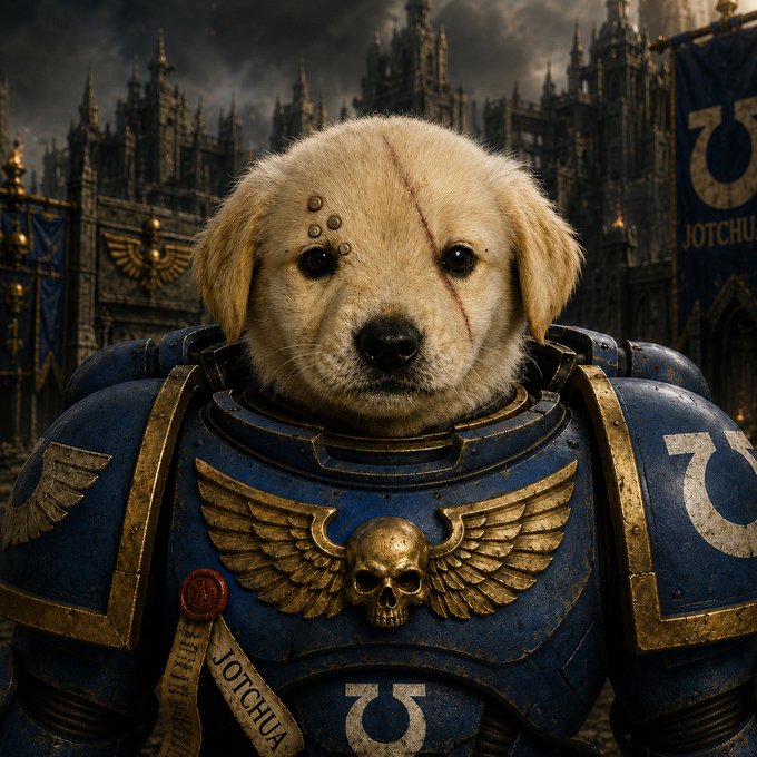 The image features a small, light-colored puppy dressed up as a knight or soldier with a blue suit and gold accents. The puppy has a red mark on its forehead and appears to be wearing a helmet that resembles a sword. The background of the image is dark and filled with architectural structures, giving it an old or medieval theme. The caption at the bottom of the image reads "a dog ticker at millions + PFP bag working culture is back once again the only missing piece is $Jotchua NFT degen mint bring back 2024 vibes".