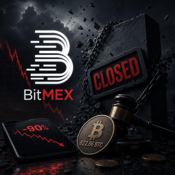 Dramatic crypto graphic showing the BitMEX logo, a stone block stamped "CLOSED", a Bitcoin coin labeled "622.66 BTC", and a phone displaying "-90%" with a declining red chart.