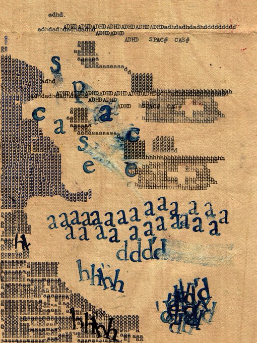 A piece of AI-generated ASCII art on aged paper texture, featuring typographic characters spelling out words like 'ADHD', 'STAC#', 'CASH', and 'case' arranged in an abstract artistic composition.