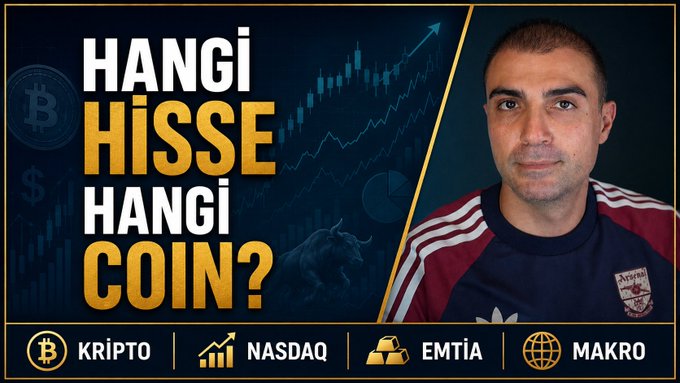 A thumbnail in Turkish titled "HANGİ HİSSE HANGİ COİN?" featuring a man in an Arsenal jersey, with categories for KRİPTO, NASDAQ, EMTİA, and MAKRO displayed at the bottom.