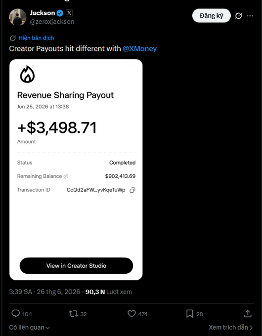 A tweet from Jackson (@zeroxjackson) showing a $3,498.71 Revenue Sharing Payout from June 25, 2026, with a remaining balance of $902,413.69, illustrating the point in the post about X Money potentially offering a smoother payout experience by enabling direct cash-out to USDT or VND without the bank/Stripe issues many creators currently face.