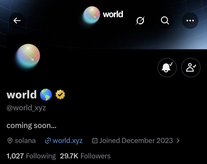 The image shows a Twitter/X profile page for the account "world" (@world_xyz), featuring a globe avatar, a blue verification checkmark, a gold star badge, and the bio "coming soon..." with location listed as solana and 29.7K Followers. The post context suggests a common engagement-farming tactic where someone promises a cash giveaway in exchange for follows and shoutouts—essentially a manipulation scheme targeting accounts like @world_xyz to inflate their follower count.
