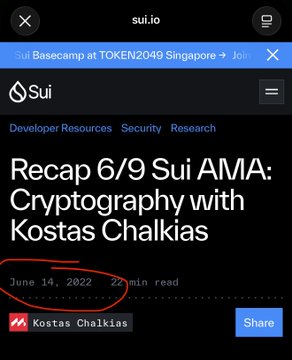 A mobile browser screenshot shows a Sui blog post titled 'Recap 6/9 Sui AMA: Cryptography with Kostas Chalkias' dated June 14, 2022, with the date circled in red.