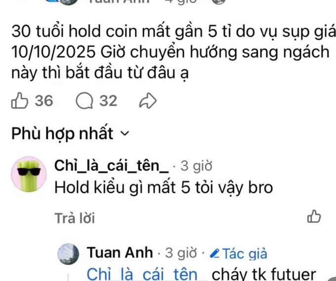 A Facebook comment thread in Vietnamese where Tuan Anh discusses losing nearly 5 billion due to price drops, with comments from users questioning his hold strategy.