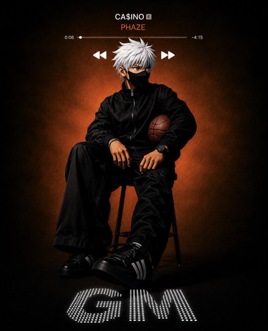 An anime-style figure with white hair and a black mask sits on a stool holding a basketball, with a music player overlay reading 'CASINO PHAZE' and lit text 'GM' on the floor.