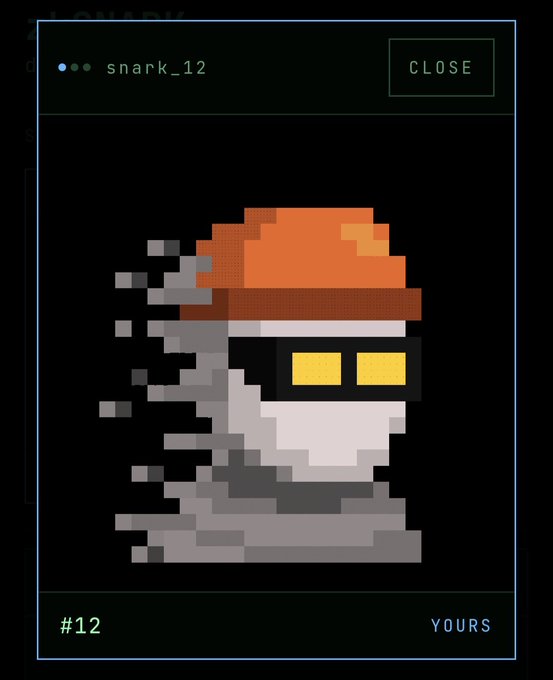 A pixel art card labeled 'snark_12' (#12, YOURS) showing a figure with an orange cap, yellow goggles, and a gray pixelated dissolve effect trailing to the left.