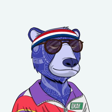 An illustrated NFT-style blue bear character wearing a red, white, and blue headband, sunglasses, and a purple and red jacket with 'OKAY' text on the patch.
