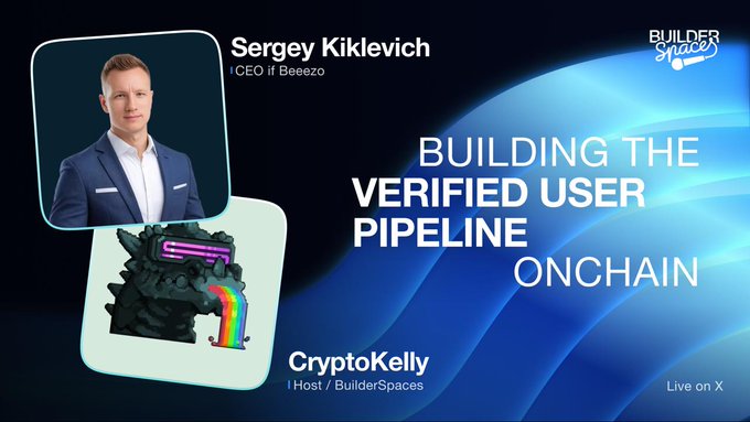 Promotional graphic for a BuilderSpaces X Space titled "BUILDING THE VERIFIED USER PIPELINE ONCHAIN" featuring Sergey Kiklevich, CEO of Beeezo, hosted by CryptoKelly.
