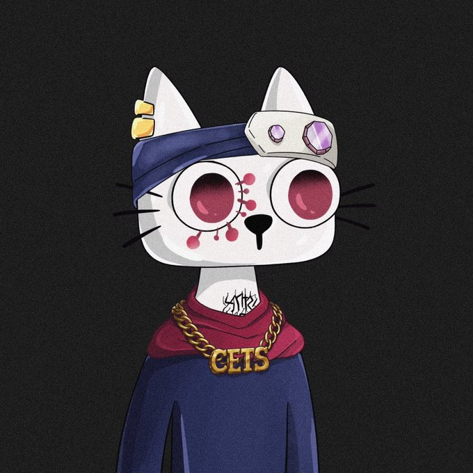 An illustration of a cartoon white cat character with large pink eyes, wearing a blue and red outfit with a gold chain spelling 'CETS' and a headband with gems.