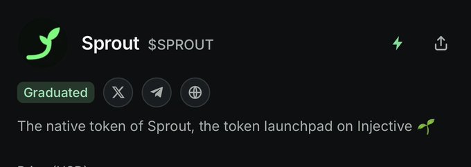 A dark-themed digital token page showing a green sprout logo with the text 'Sprout', ticker '$SPROUT', and a 'Graduated' status badge.