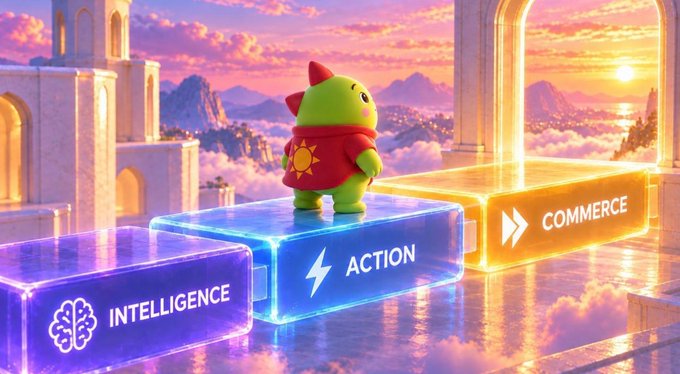 A whimsical digital illustration shows a cute green turtle-like character in a red cape standing on glowing blocks labeled 'INTELLIGENCE', 'ACTION', and 'COMMERCE' against a sunset sky.