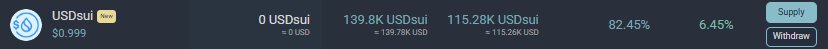 A financial interface panel displays data for the 'SUI' ticker, showing a price of '$0.999', a 'Supply' of '139.81K USDsui', a 'Withdrawn' amount of '115.28K USDsui', '82.45%', and '6.45%'.