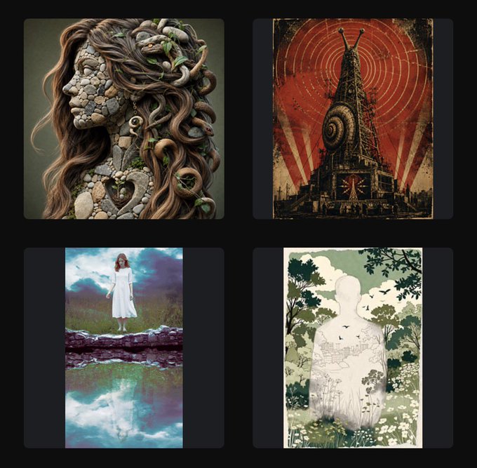A collage of four distinct artworks: a profile face made of stone and wood with flowing hair, a red-toned illustration of a tower with a spiral and horns, a girl in a white dress reflected in water under a colorful sky, and a silhouette filled with a detailed landscape scene.