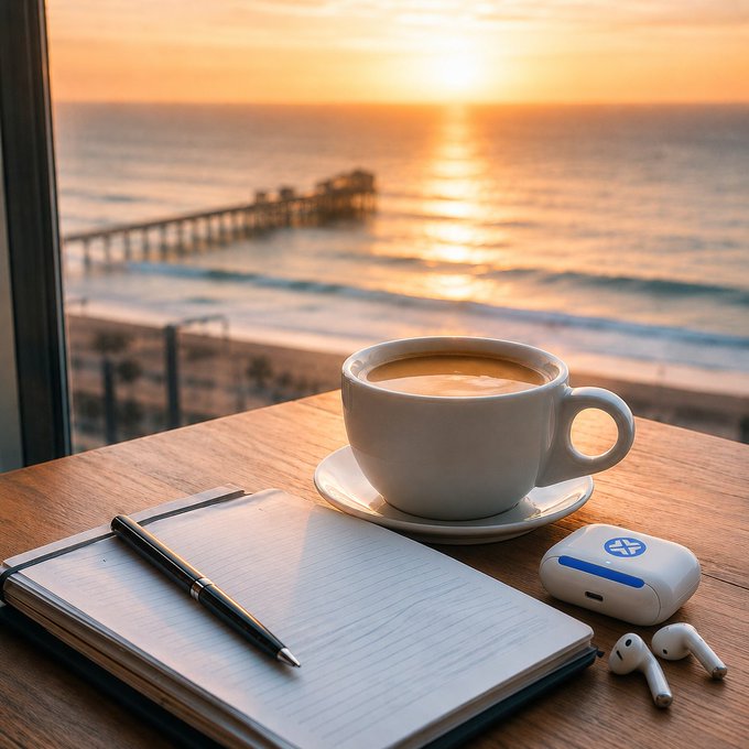 A serene sunrise over the ocean with a pier in the background, accompanied by a cup of coffee, a notebook with a pen, and wireless earbuds on a wooden table—perfectly capturing the peaceful start to a Friday morning.

The image embodies the "Gm, let's start the Friday with" message by showcasing a tranquil morning routine with coffee and a notebook by the sea, symbolizing a calm and productive start to the day.