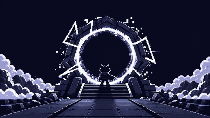 A pixel art character stands before a glowing portal in a dark, mystical landscape. The image ties into the tweet's promotion of a Fomoki NFT mint on Robinhood Chain, evoking a sense of adventure and anticipation for the upcoming NFT launch.