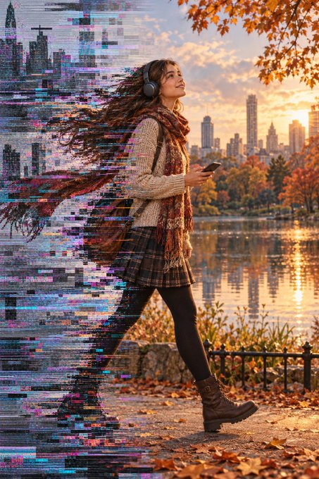 A young woman wearing headphones and a long scarf walks through an autumn cityscape while holding a phone, with a stylized glitch effect distorting the left side of the image.