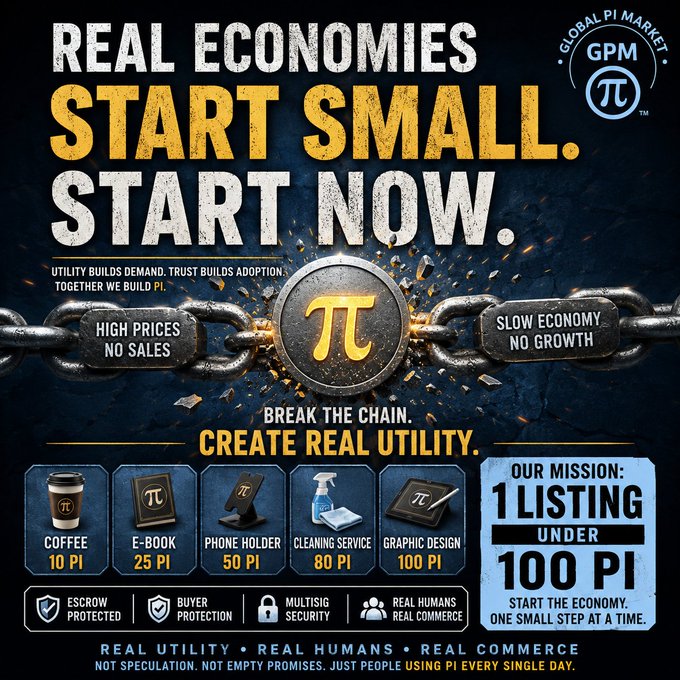 A promotional graphic for 'Global Pi Market' (GPM) with text 'REAL ECONOMIES START SMALL. START NOW,' showing product listings priced in PI including coffee (10 PI), e-book (25 PI), phone holder (50 PI), cleaning service (80 PI), and graphic design (100 PI), with a mission of 1 listing under 100 PI.