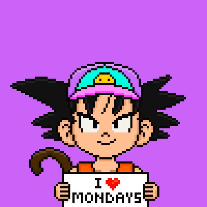 A pixel-art character of a child with spiky black hair wearing a colorful hat, holding a sign that reads 'I ❤️ MONDAYS' against a purple background.