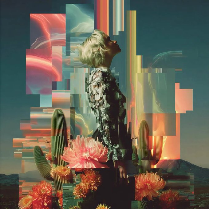 A surreal digital collage featuring a blonde woman in profile with geometric panels, cacti, and large pink flowers in a desert landscape.