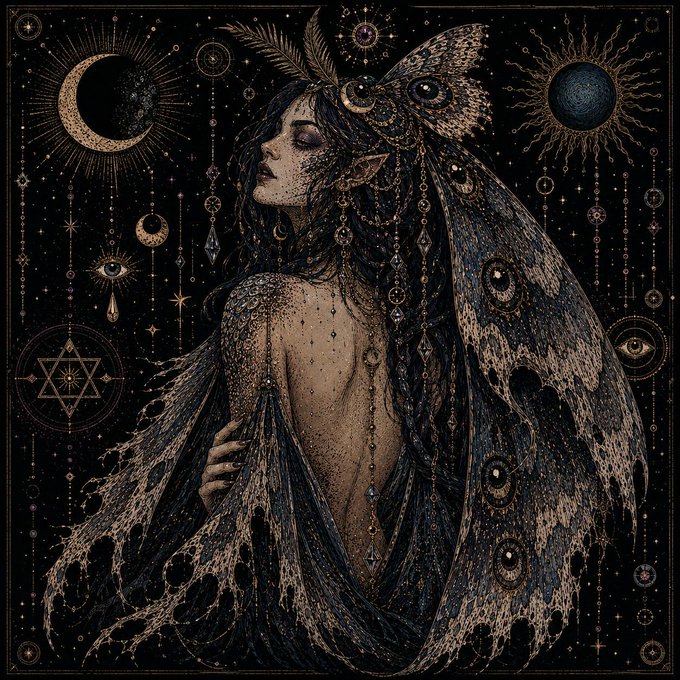 A mystical, dark fantasy artwork depicting an ethereal woman with closed eyes and flowing veil, adorned with celestial symbols including crescent moons, suns, eyes, and a Star of David, rendered in intricate detail against a starry black background.