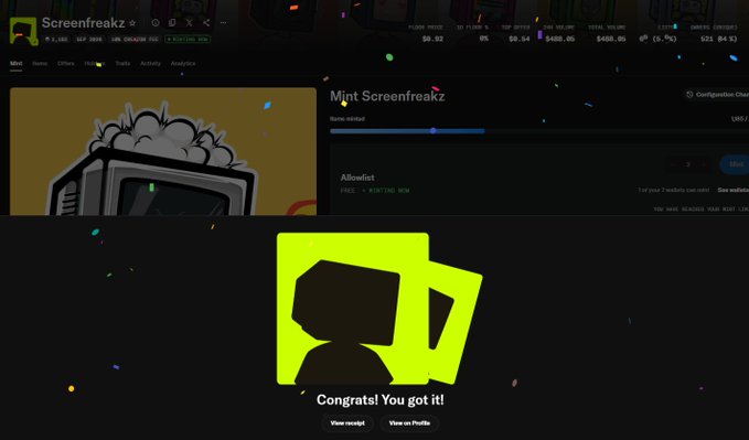 A screenshot of a website showing a digital collectible or NFT called 'Mint Screenfreakz' with a confirmation message 'Congrats! You got it!'