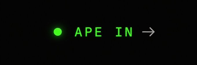 A black screen displays "APE IN →" in glowing green pixelated text, preceded by a green dot, serving as a visual prompt inviting viewers to jump into the $BAG trade.