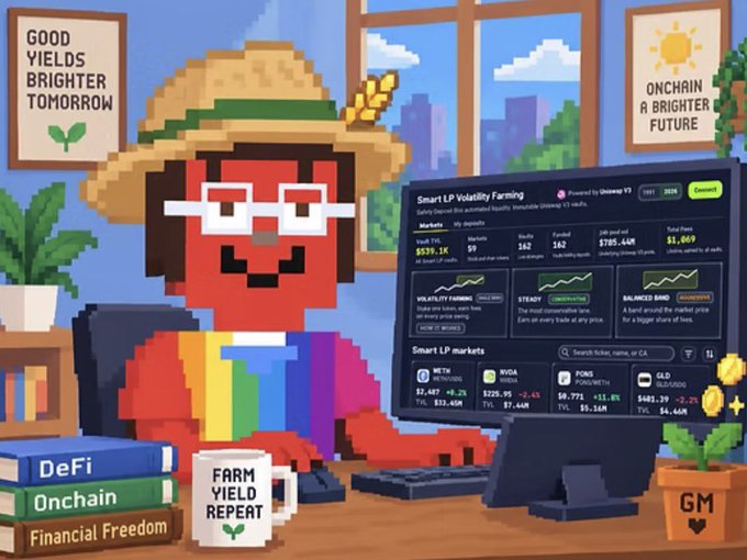 A pixel art illustration shows a character with a straw hat and glasses sitting at a desk with a computer displaying 'Smart LP Volatility Farming' and 'Smart LP markets' with tickers like METV, NVDA, FONS, and GLD.
